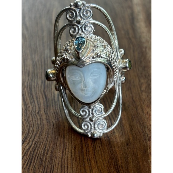 Sajen Jewelry - Sagen Mother Of Pearl Carved Goddess Blue Topaz Ring Sterling Silver Size 7.75
